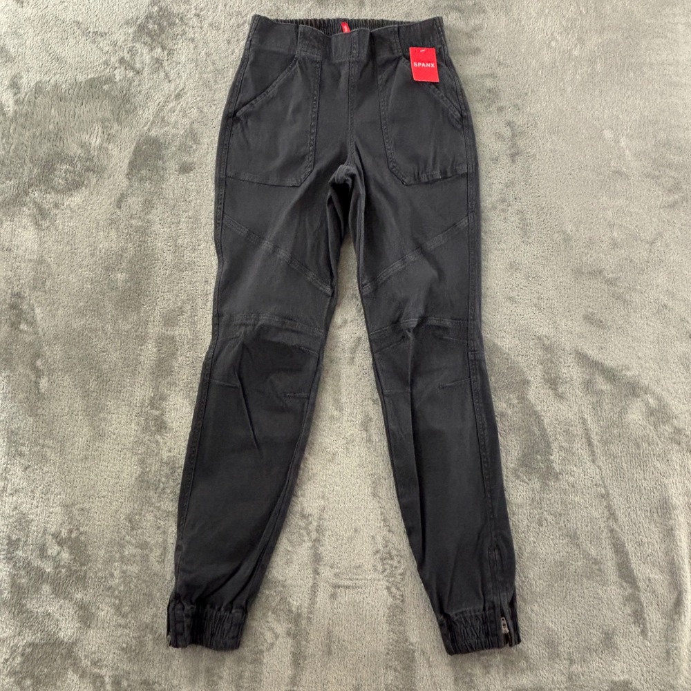 Spanx Stretch Twill Cargo Jogger Womens‎ S Washed Black Pants Zip Ankle 20319R